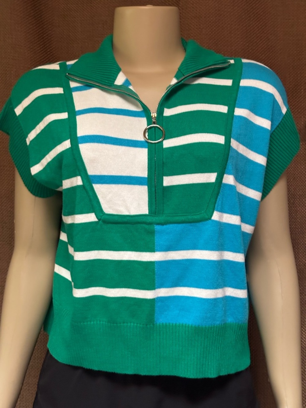 Entro Green & Teal Striped Zip Front Short Sleeve Sweater